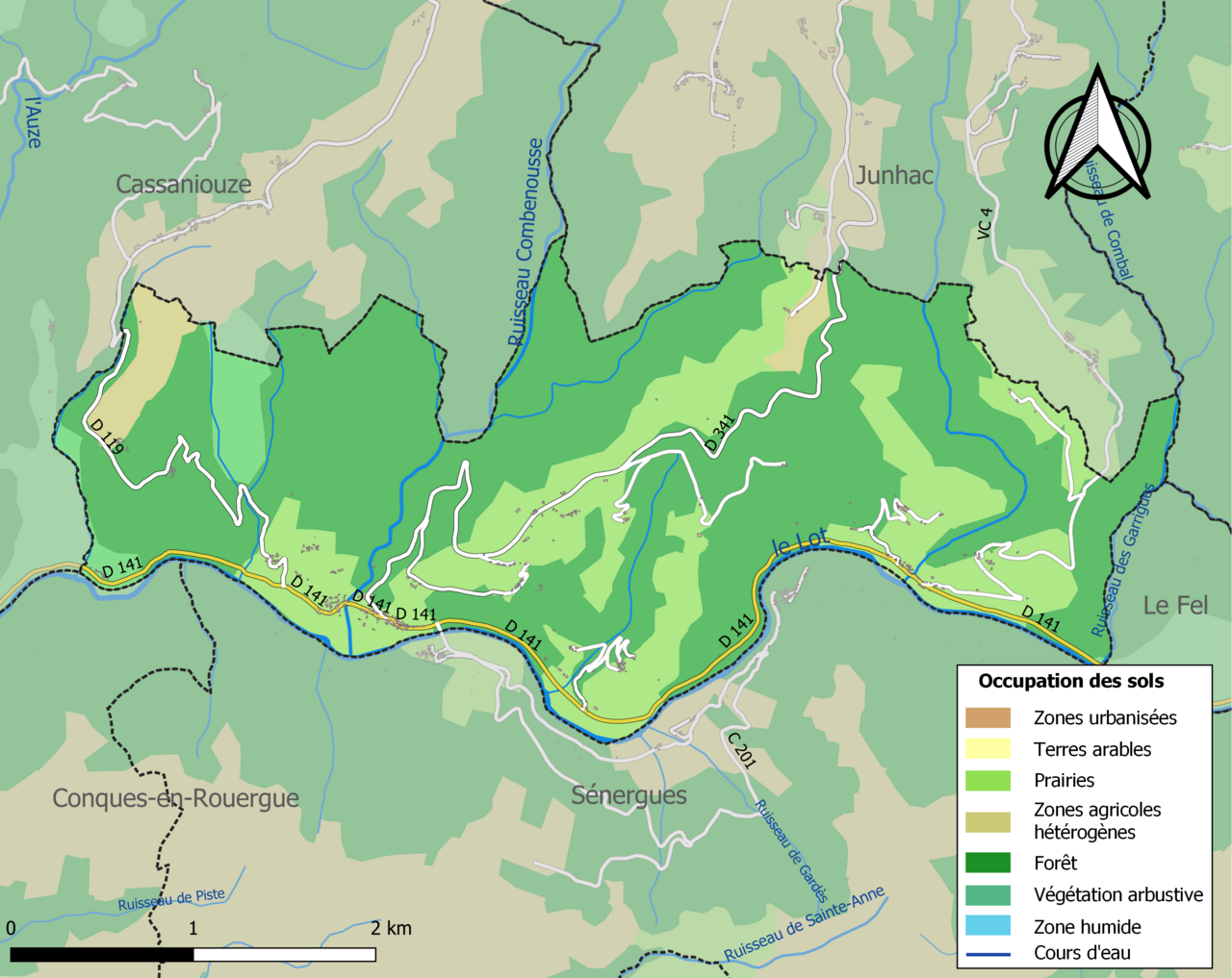 Carte des infrastructures et de l'occupation des sols de la commune en 2018 (CLC).